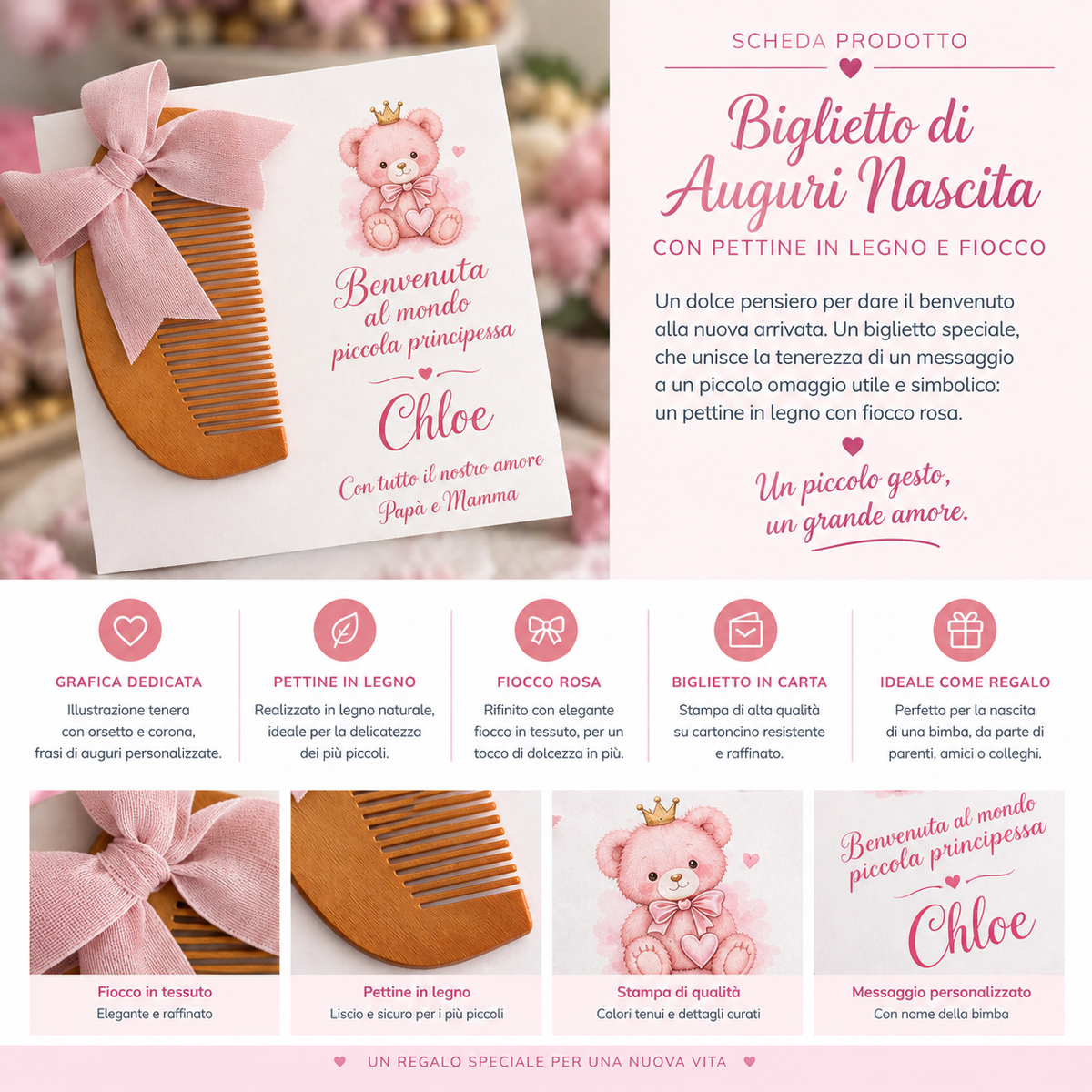 Biglietto di Auguri Nascita Bambina con Pettine in Legno