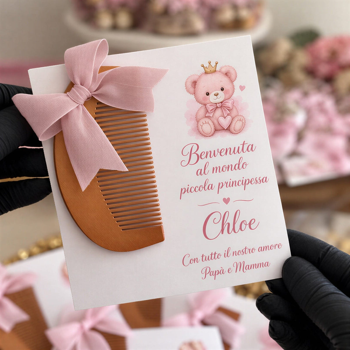 Biglietto di Auguri Nascita Bambina con Pettine in Legno